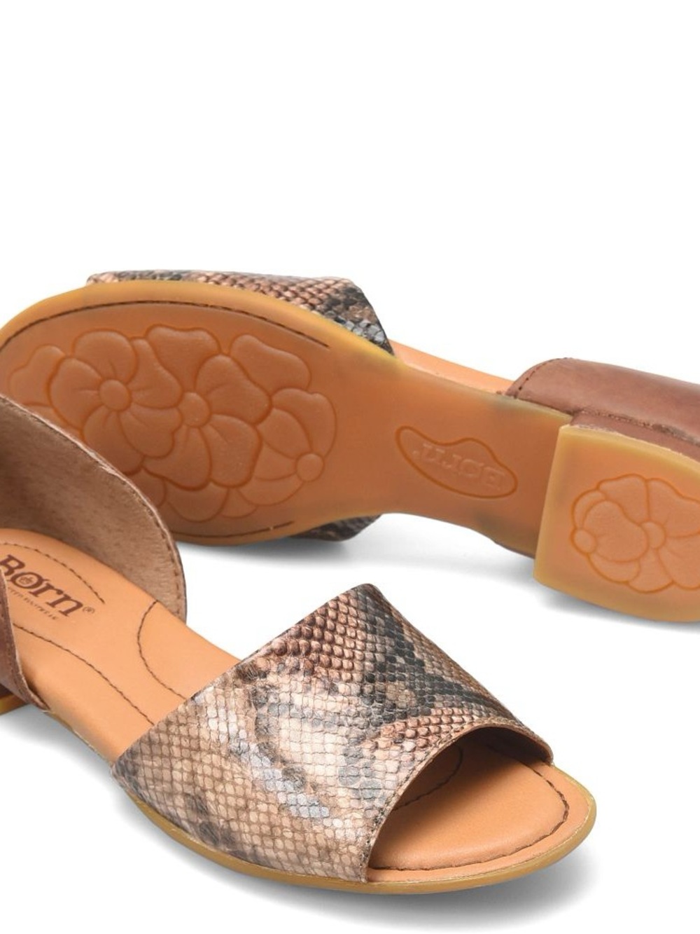 Born Leather Snake-Print Slide Sandals in Brown and Tan Size 7”